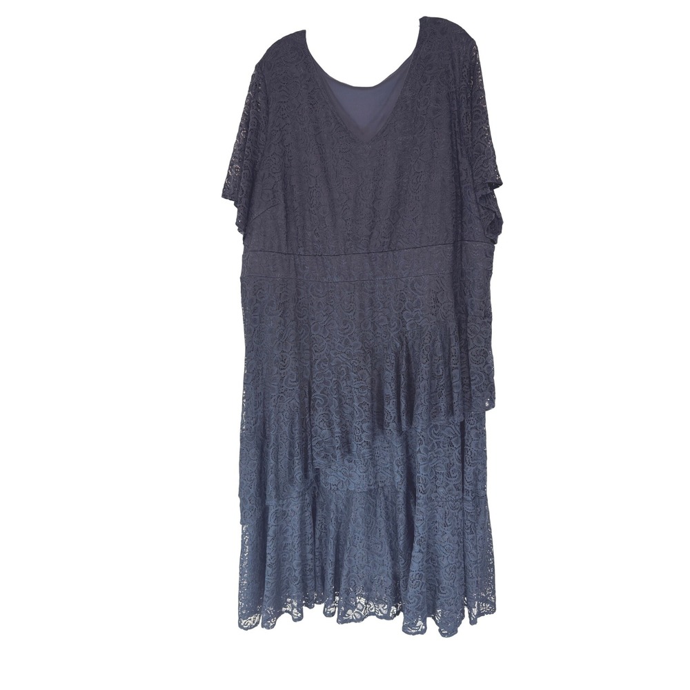 Kiyonna Navy Blue Tiered Floral Lace V-Neck Cocktail Dress Plus Size 5X USA Made